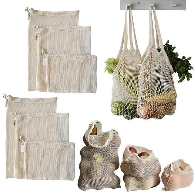Organic cotton mesh produce bags with handles, drawstrings, tare weight tags reusable washable- 8 Packs