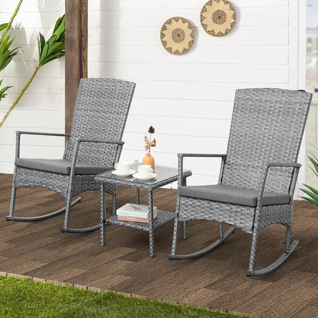 Valita 3 Piece Patio Rocking Chair Outdoor Rattan Bistro Set with Glass Top Table Conversation Set with Grey PE Wicker, Gray Cushion