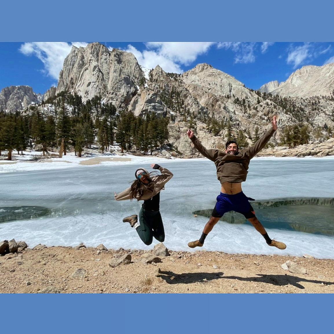Celebrating after our treacherous hike up Mt. Whitney, April 2021