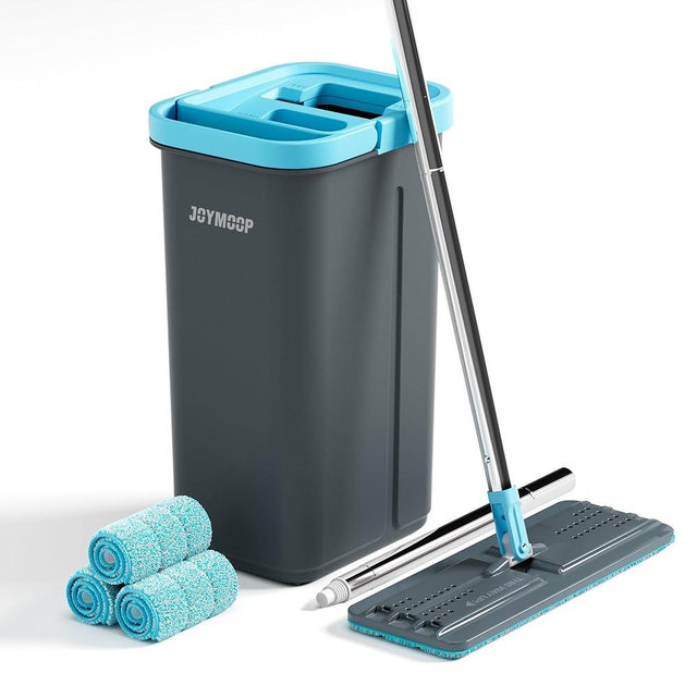 JOYMOOP Mop and Bucket Set with Wringer, with 3 Reusable Microfiber Mop Pads, Mops for Floor Cleaning and Wall Cleaning, Hands-Free Flat Mop for Home Use - Grey+Cyan Blue