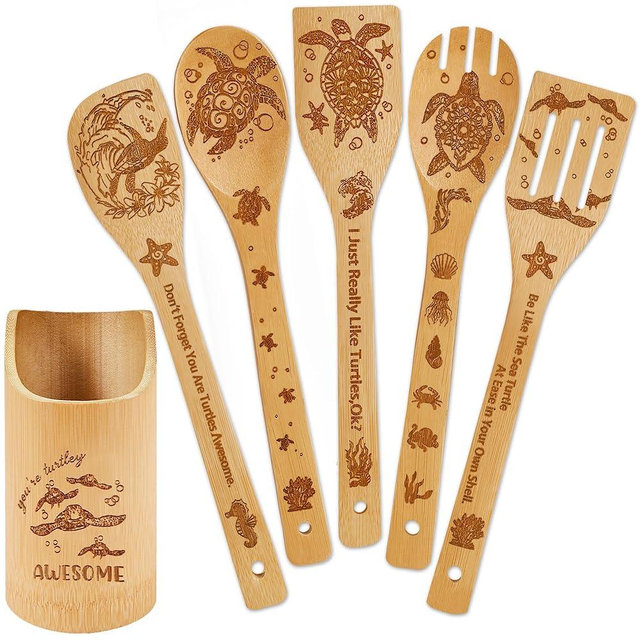 Sea Turtle Gifts for Women,6 PCS Turtles Wooden Bamboo Spoons Cooking Utensil Set for Kitchen Decor,Ocean Themed Stuff for Turtle Lovers,Mom,Men,Housewarming Gifts,Birthday,Easter,Mother's Day