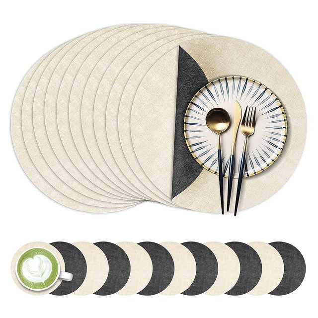 13-Inch Faux Leather Round Placemats Set of 12, Waterproof Anti-Slip Dual Sided Place mats, Heat Resistant Washable Table Mats with Coaster, Suitable for Indoor & Outdoor (12, Black Beige)