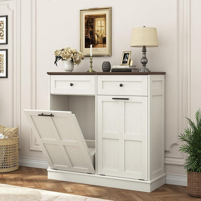Double Trash Can Cabinet, 2 x13 Gallons Farmhouse Hidden Wood Garbage Can Bin Cabinet with Drawers, Tilt Out Laundry Hamper with Laundry Storage Basket for Bathroom, Kitchen, Antique White