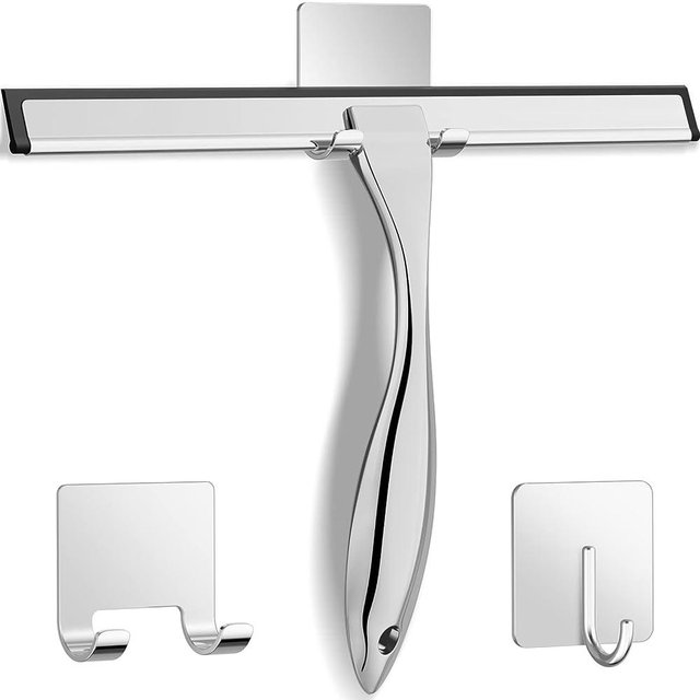 All-Purpose Stainless Steel Shower Squeegee for Shower Doors with 2 Adhesive Hooks, Bathroom Cleaner Tool Household Window Mirror Squeegee for Home Cleaning, Glass Door, Tile Wall, Car, 12 Inch Silver
