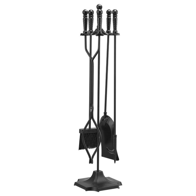 VEVOR Fireplace Tool Set, 5 PCS Fire Tool Set and Holder with Five-Prong Stand, Tongs, Ash Shovel, Brush, Fire Place Poker, Black