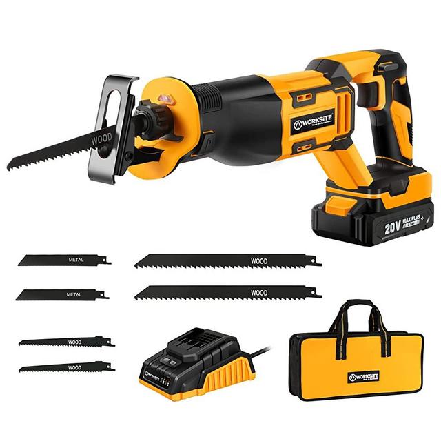 WORKSITE Reciprocating Saw, 20V Cordless Reciprocating Saw w/2.0Ah Battery & 1-Hour Fast Charger, 0-3000 SPM Variable Speed Trigger, 6 Saw Blades for Wood/Metal/PVC Pipe Cutting