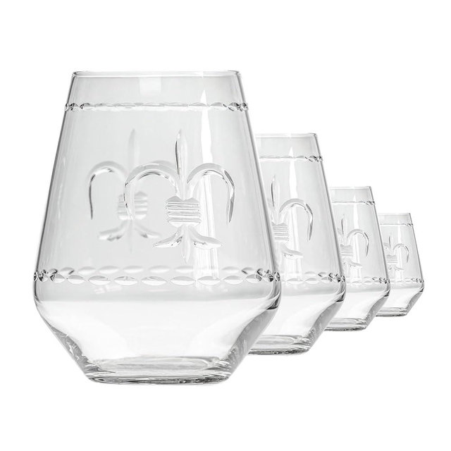 Rolf Glass Fleur De Lis Stemless Wine Tumbler 18 ounce - Stemless Wine Glasses - Lead-Free Glass - Etched Tumbler Glasses - Proudly Made in the USA (Set of 4)