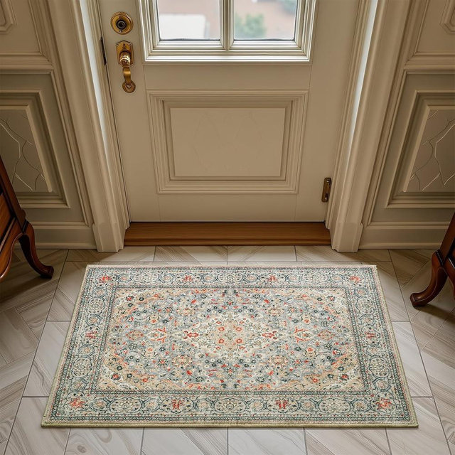 Goideal Washable Entry Rug 2x3, Beige Small Area Rugs Non Slip, Indoor Low Pile Carpet with Rubber Backing for Bathroom Kitchen Entryway Office