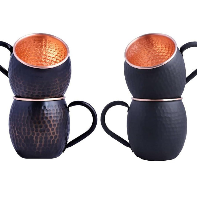STAGLIFE 16 Oz Antique Black + Black Matte Moscow Mule Copper Mug for Men [Set of 2 + 2 ]
