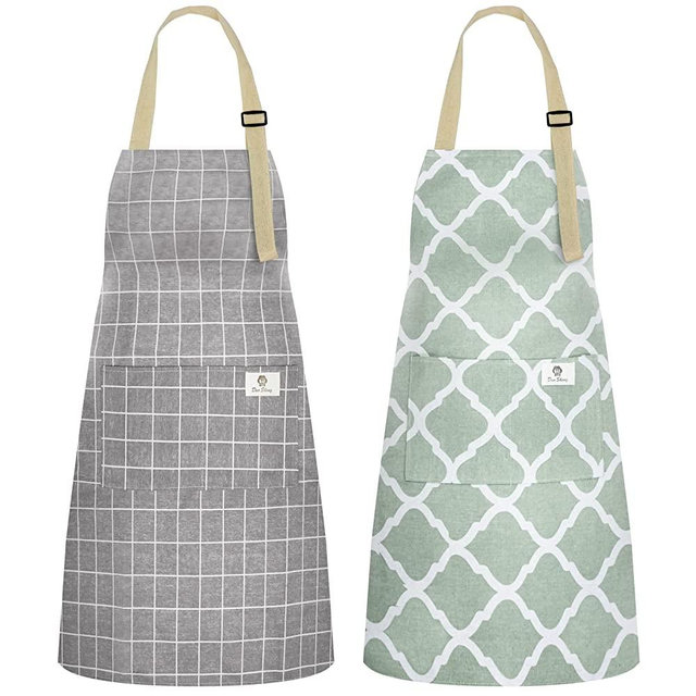 2 Pack Kitchen Cooking Aprons, Adjustable Bib Soft Chef Apron with 2 Pockets for Men Women(Green/Grey)
