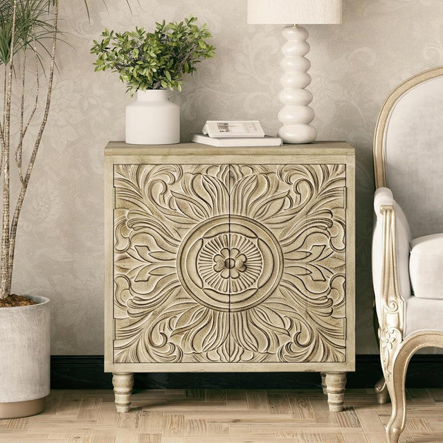 COZAYH Farmhouse Storage Cabinet with Carved Flower Motif Front, Distressed Boho Buffet Cabinet, Rustic, French Country, Weathered White