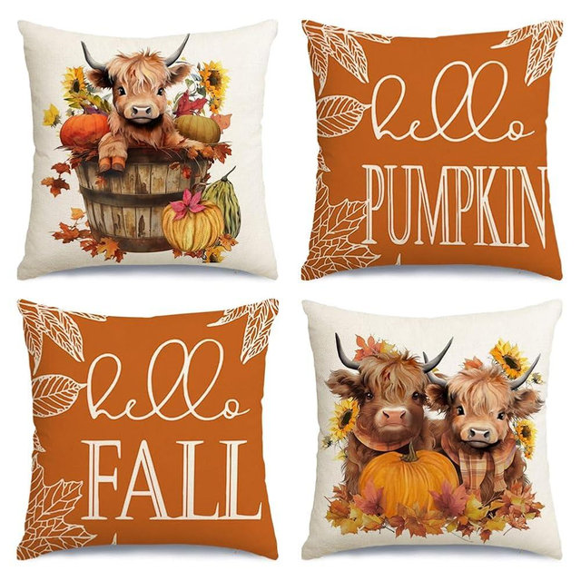 RABUSOFA Fall Pillow Covers 18x18 Set of 4,Highland Cow Autumn Decorations for Home,Outdoor Thanksgiving Hello Pumpkin Sunflower Leaves Decor Decorative Throw Pillow Cases Farmhouse for Couch Orange