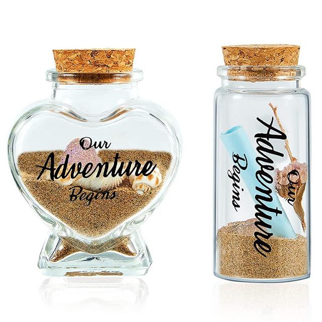 2 Pieces Honeymoon Sand Keepsake Jars Honeymoon Gifts Heart Shaped Cylindrical Style Sand Bottle Decors Handwritten Sand Jars Clear Bottles for Newlywed Couple Honeymoon Souvenir (Our Adventure Begin)