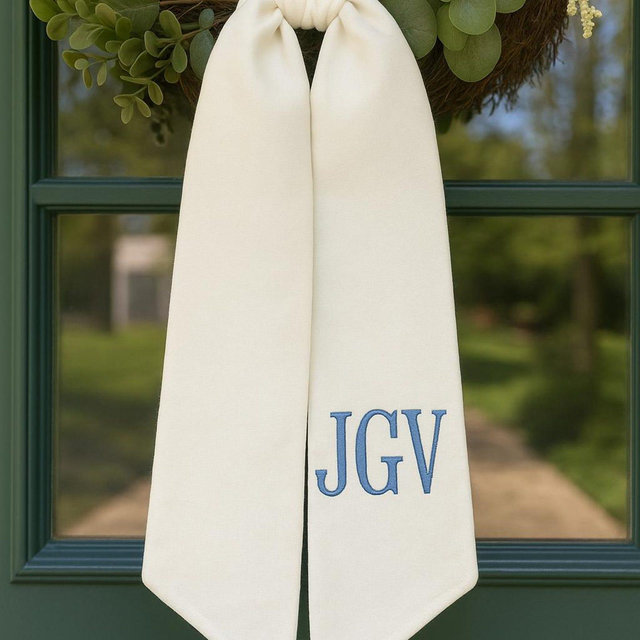 Monogram Wreath Sash, Wreath Sash For Front Door, Embroidered Front Door Bow, Initial Door Sash, Monogram Wreath Ribbon,Wreath Scarf