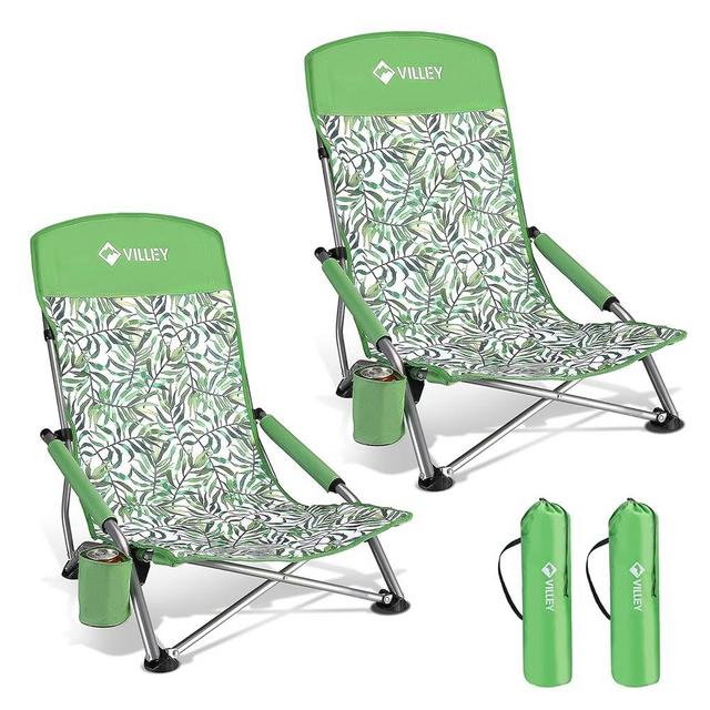 VILLEY Low Beach Chairs for Adults 2 Pack, High Back Folding Beach Chairs, Lightweight and Portable for Outdoor, Beach, Camping, Lawn, with Cup Holder and Carry Bag-Green Tropical Leaves