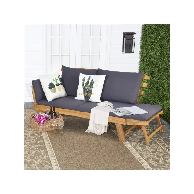 Costway Patio Sofa Daybed Wood Adjustable Furniture W/Thick Cushion