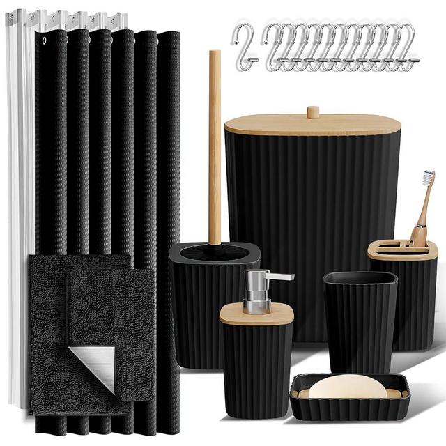 Clara Clark Bathroom Accessories Set - 22PC Bathroom Set, Bathroom Sets with Shower Curtain and Rugs, Black Shower Curtain Set with Bathroom Trash Can