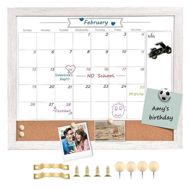 Dry Erase Calendar Whiteboard for Wall, Small Combination Magnetic Dry Erase White Board & Bulletin Board, 13" x 17", White Wood Framed Calendar/Cork Combo Board(ZHYL-WH-3343)