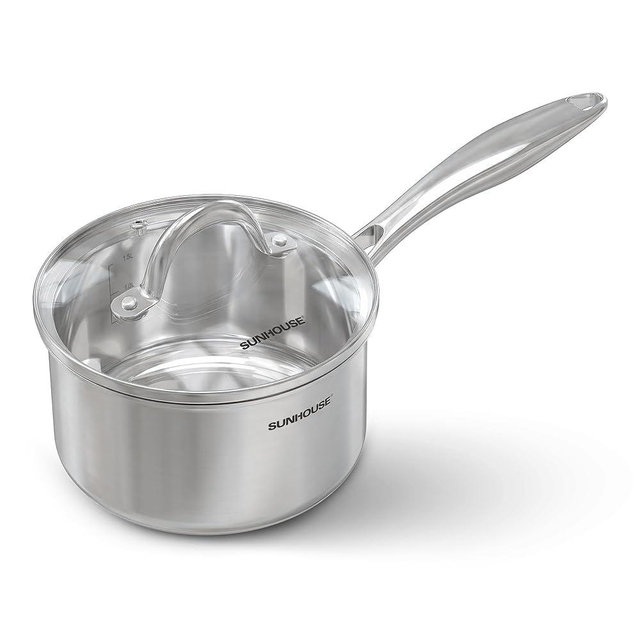 SUNHOUSE 3 Quart Whole-Clad Tri-Ply Stainless Steel Saucepan with Glass Lid, Premium 18/8 Stainless Steel, Even Heat Distribution, Induction Ready, Stay-Cool Handle, Dishwasher Safe