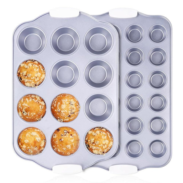 SJ Muffin Pan with Heat-Resistant Handles, Healthy Nonstick Coated 12-Cup Muffin Pan With 24-Cup Mini Muffin Pan for Homemade Muffins, PFOA & PFAS-Free Cupcakes, Oven and Dishwasher Safe - Set of 2