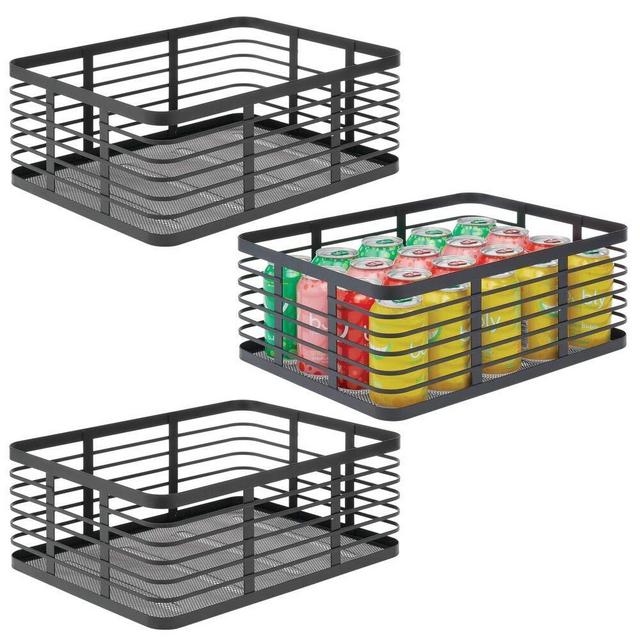 mDesign Modern Decor Metal Wire Food Organizer Storage Bin Baskets for Kitchen Cabinets, Pantry, Bathroom, Laundry Room, Closets, Garage - 3 Pack - Black