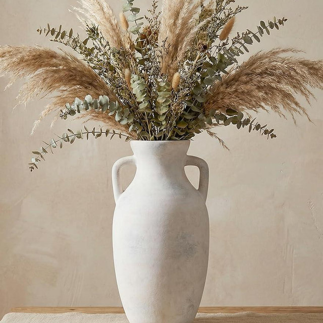 Ceramic Flower Vase with Handles, Neutral Tall Clay Decorative Terracotta Vases Farmhouse Table Vases Living Room Decor Rustic Pottery Pots for Home Shelf Coffee Dining Desk (A-12 h-Antique Beige)