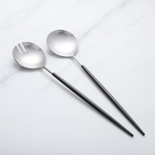 Zerophilo Salad Servers,Spoon and Fork Set 11.41 inch,18/10 Stainless Steel Salad Serving Titanium Plating (black silver)
