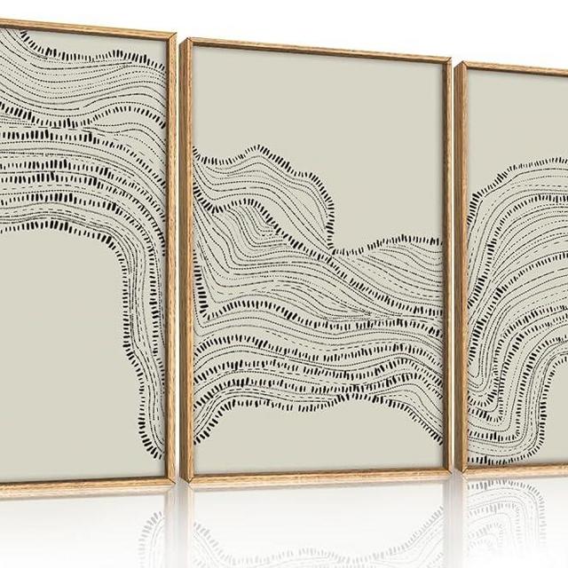 HLNIUC Framed Abstract Canvas Wall Art Set, Geometric Black White Wave Line Wall Decor, Large Minimalist Painting, Neutral Modern Art Print for Living Room, Bedroom, Dinning Room, Office - 16"x24"x3