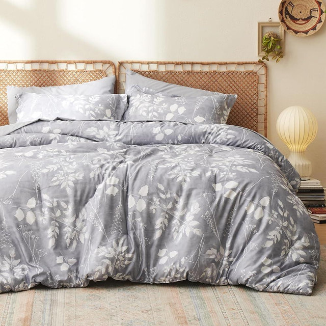 Bedsure Queen Comforter Set - 7 Pieces Grey Floral Bedding Sets Queen Bed in a Bag with Reversible Botanical Flowers Comforter, Sheets, Pillowcases & Shams