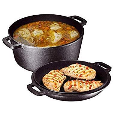 Heavy Duty Pre-Seasoned 2 In 1 Cast Iron Double Dutch Oven and Domed Skillet Lid, Versatile Healthy Design, Non-Stick, 5-Quart