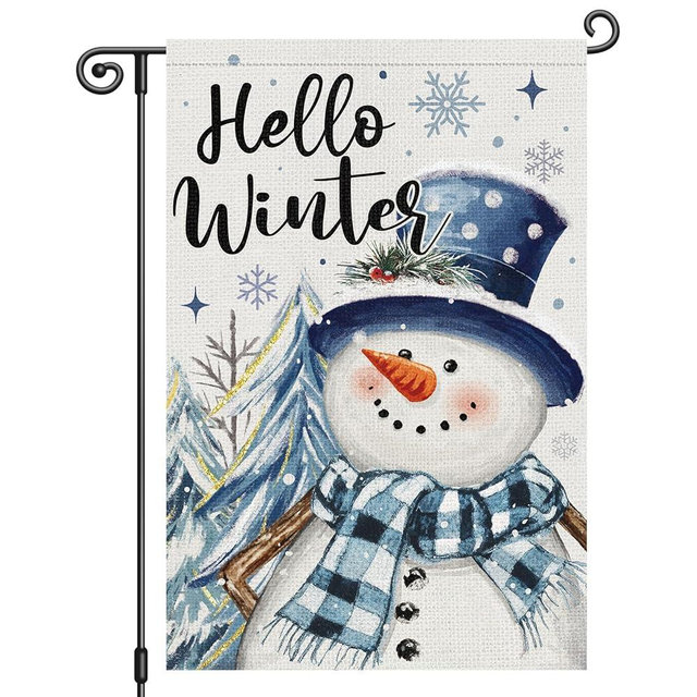 Heyfibro Hello Winter Garden Flag 12x18 Inch Double Sided Winter Snowman Garden Flag Seasonal Small Yard Flags for Outside House Farmhouse Holiday Outdoor Decoration