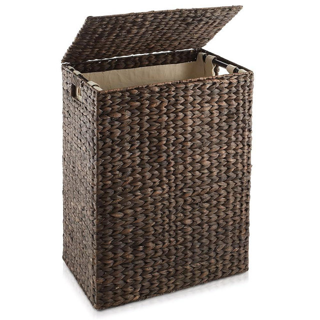 Casafield Large Laundry Hamper with Lid and Removable Liner Bag - Espresso, Woven Water Hyacinth Rectangular Laundry Basket Sorter for Clothes and Towels