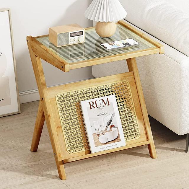 Bamworld Rattan Side Table Boho Night Stand Glass Bedside Table Small End Tables Bamboo Side Tables Bedroom Coffee Table with Storage for Living Room and Outdoor Nature