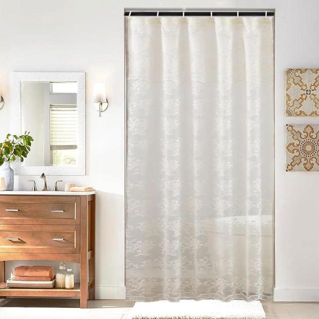 TUDECO Small Stall Shower Curtain 36 x 72 Inch - Vintage Half Size Floral Lace Cream Shower Curtain Doorway Curtains Scalloped Edges Closet Curtain with Attached Valance, Reinforced Holes, Ivory/Cream