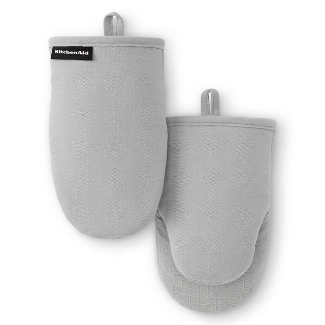 KITCHENAID Gourmet Series Gridlines Mini Oven Mitts 2-Pack Set, Heat Resistant up to 600°F, Soft Silicone Grip, Magnetic Cuff, Matte Grey, 5.5"x9"