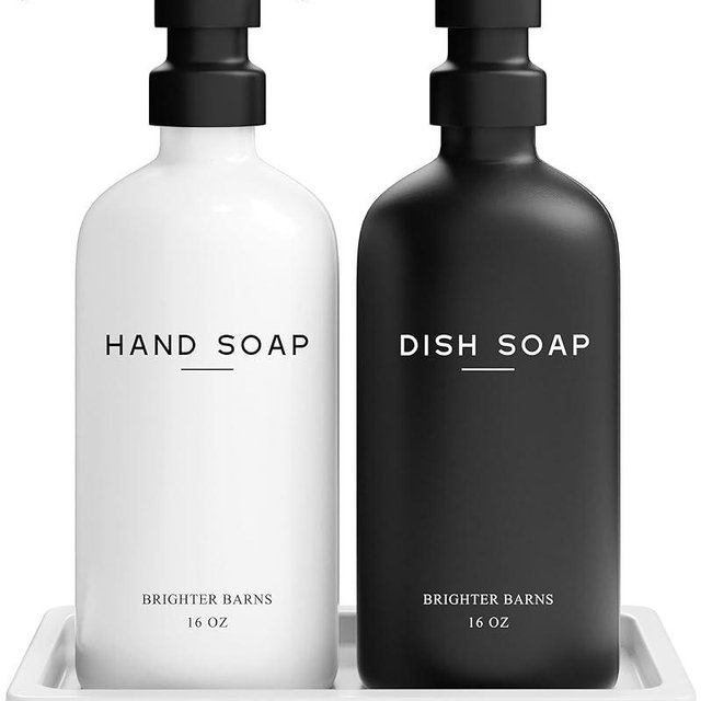 Luxury Glass Hand and Dish Soap Dispenser Set by Brighter Barns - Kitchen Soap Dispenser Set with Tray - Soap Dispenser for Kitchen Sink - Farmhouse Kitchen Counter Decor, Home Decor (Black/White)