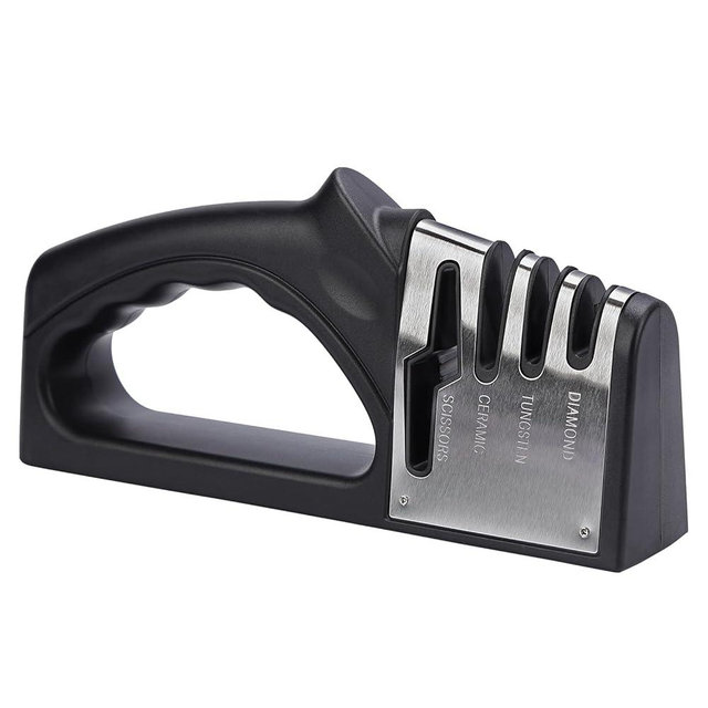LSXKAMIX 4-in-1Manual Knife Sharpener Suitable for kitchen knives, fruit knives, steel knives, scissors, and 3-level precision sharpening.Non slip base, suitable for home use (black) (1)