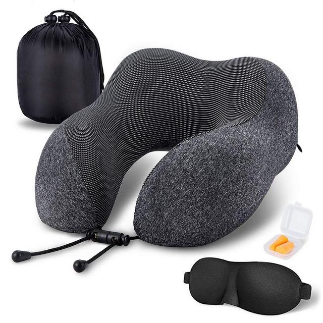 MLVOC Travel Pillow 100% Pure Memory Foam Neck Pillow, Comfortable Breathable Cover, Machine Washable, Airplane Travel Kit with 3D Contoured Eye Masks, Earplugs, and Luxury Bag, Standard (Black)