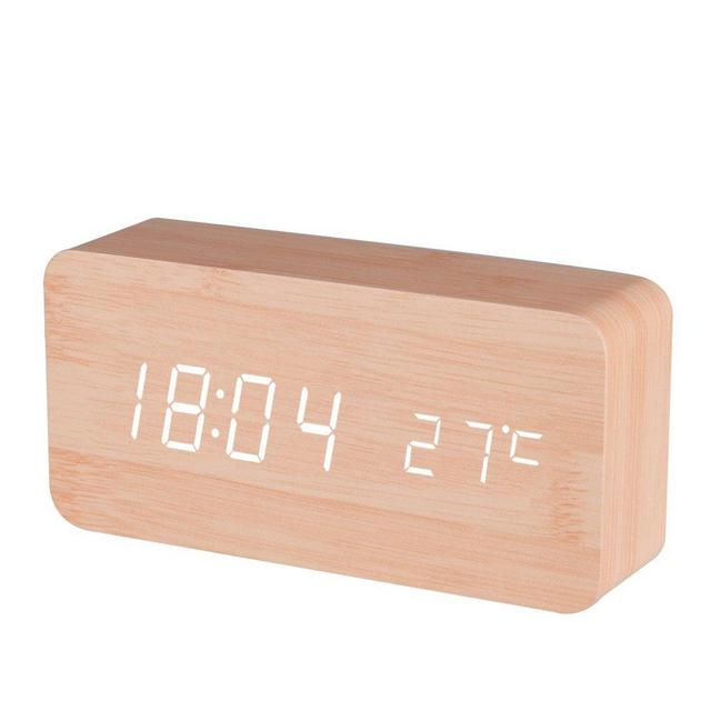 BALDR Wooden Digital Alarm Clock, Displays Time and Temperature, Voice Control, Bamboo, White Light