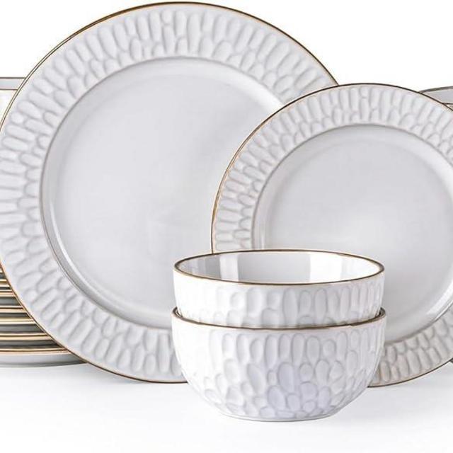 GBHOME Ceramic Dinnerware Sets, 24 Piece Embossed Elegant Stoneware Plates and Bowls Sets, Housewarming Wedding Gift | Dishwasher & Microwave Safe | Dishes Set Service for 8