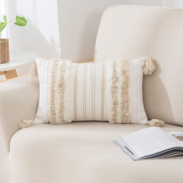 decorUhome Boho Lumbar Decorative Throw Pillow Covers for Bed Bedroom Neutral Accent Cushion Cover Tufted Woven Pillow Case, 12X20, Khaki and White