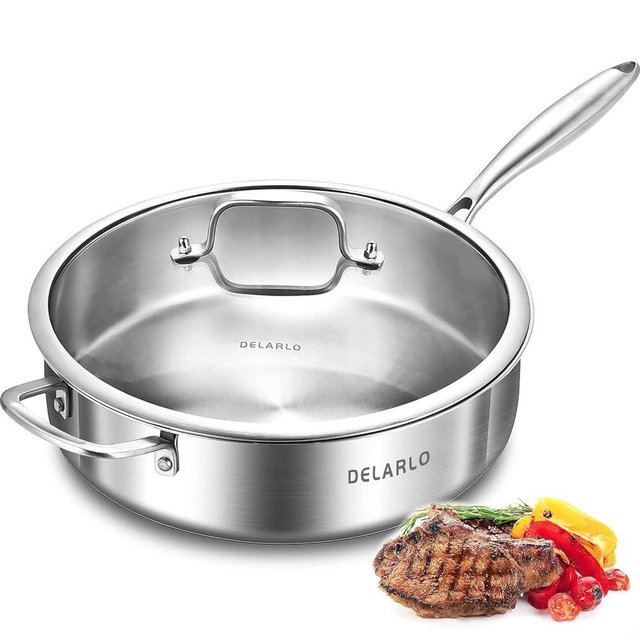 DELARLO Whole Body Tri-Ply Stainless Steel Sauté Pan with lid, 6 Quarts Saute Pan, 12 Inch Deep Frying Pan, Induction Compatible Chef Cooking Pan, Dishwasher & Oven Safe