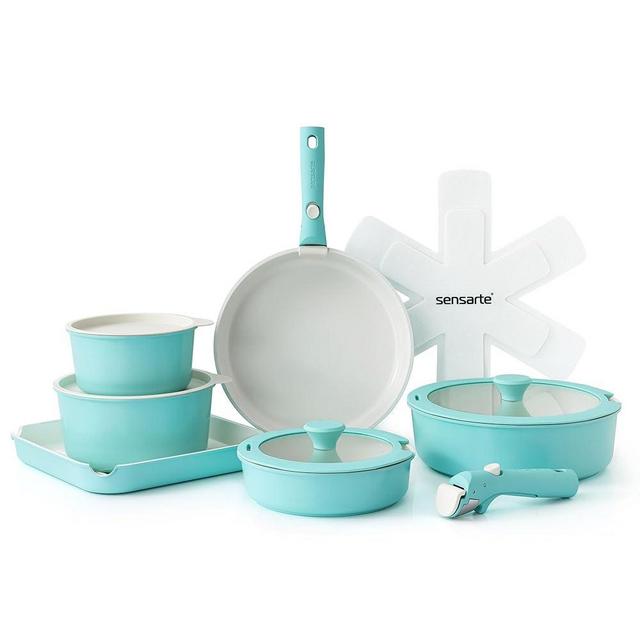 SENSARTE 17 Piece Ceramic Pots and Pans Set, Nonstick Detachable Handle Cookware, Induction Kitchen Cookware Set with Removable Handle, Dishwasher ＆ Oven Safe, PFAS/PTFE/PFOA Free (Turquoise)