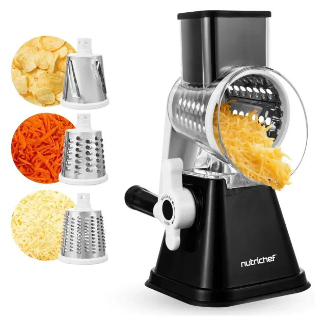 NutriChef Rotary Cheese Grater with Handle and 3 Replaceable Drum Blades - MKTNCCHS3DRBK