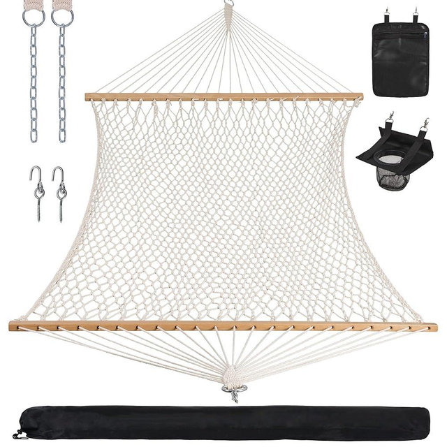 ANOW Rope Hammock Double Hammock with Hardwood Spreader Bar and Carrying Bag, 450 LBS Weight Capacity for Two Person, Natural