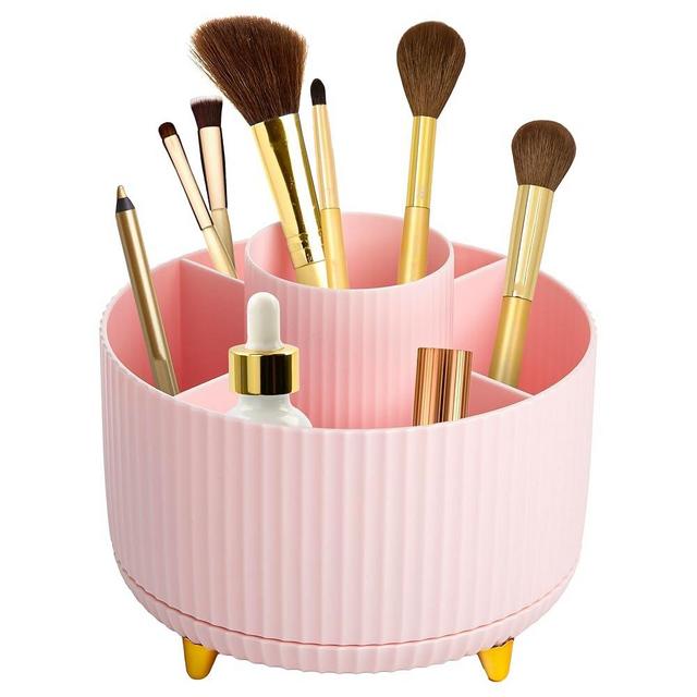 Paris Hilton 360° Rotating Makeup Brush Holder, Fluted Design with 5 Compartments, Glam Organizer for Brushes & Tools, Pink