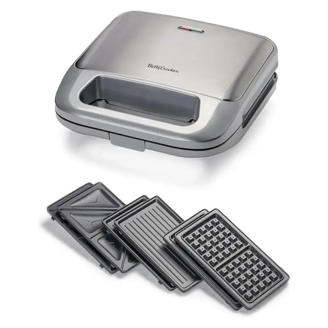 Betty Crocker 3-in-1 Indoor Grill, Sandwich/Panini Press & Waffle Maker Plus, Electric Grill with Interchangeable Non-Stick Plates, 750 Watts, Silver
