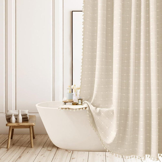 ggaimwf Boho Striped Long Shower Curtain Farmhouse Vintage Plaid Shower Curtains for Bathroom Rustic Chic Neutral Heavy Duty Bathroom Curtain Set with Tassel Beige Cloth Shower Curtain 71x83 Inch