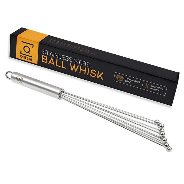 QULLAI 12" Professional Chefs Stainless Steel Ball Whisk. Great for blending, whisking, beating, and stirring. Whisks eggs, chocolate & sauce with ease.