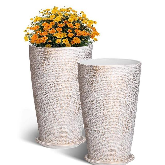 VEVOR Set of 2 Tall Outdoor Planters 21" H, Round Large Planters for Front Porch and Patio, Stone Finish Flower Tree Plant Pots